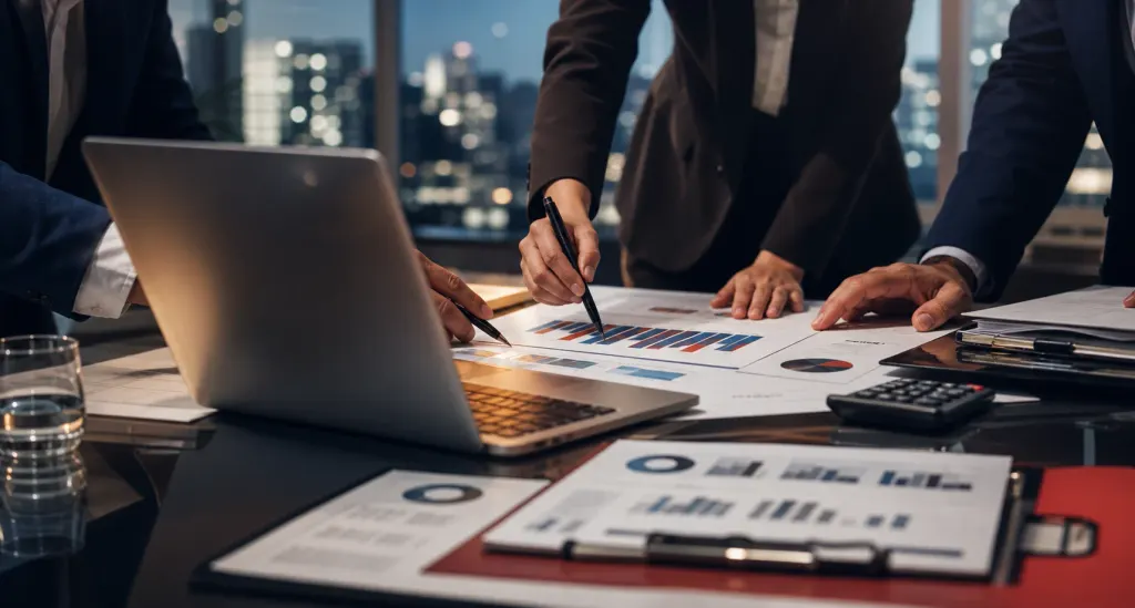 Finance professionals reviewing charts and deal data